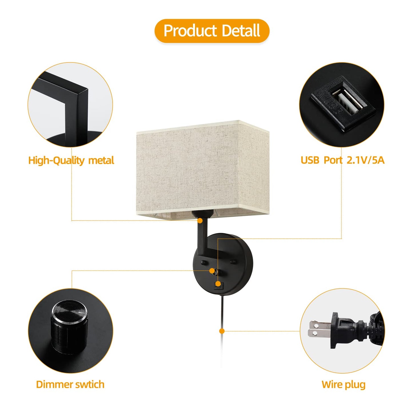 PULLCU Plug in Wall Sconce with Dimmer Switch and USB Port?9.5“Rectangular Linen Fabric Shade?Bedside Wall Lamp Matte Black Finish?Wall Lamp Perfect