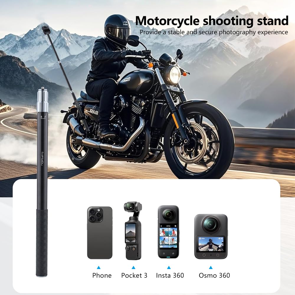 360 Camera Motorcycle Mount Kit - Telescopic Selfie Stick 17-43" with 360° Handlebar Clamp - Compatible with GoPro Insta360 Action Cameras - Aluminum