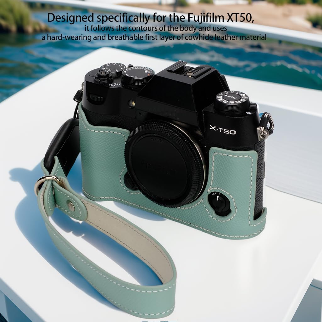 Bowan X-T50 Camera Case, Handmade Genuine Real Leather Half Camera Case Bag Cover for Fujifilm X-T50 Camera Bottom Opening Version + Hand Strap (Mint
