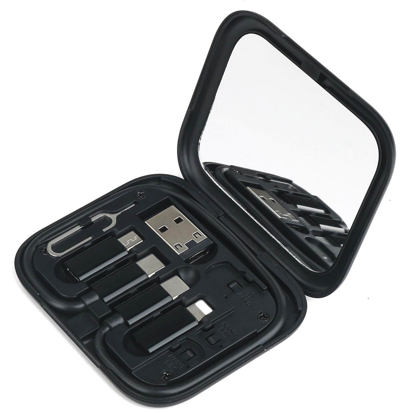 Yinow USB-C Charge Card: Multi USB Charging Adapter Cable Kit with 28cm Cable, USB C to A/Micro USB/Light Adapters, Portable Mirror Case for Travel