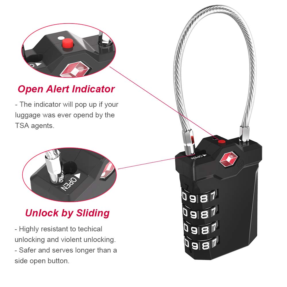 ZHEGE TSA Approved Luggage Lock – Black Combination Padlock with 5.5" Flexible Cable, 10,000 Code Options for Suitcases, Backpacks & Bags