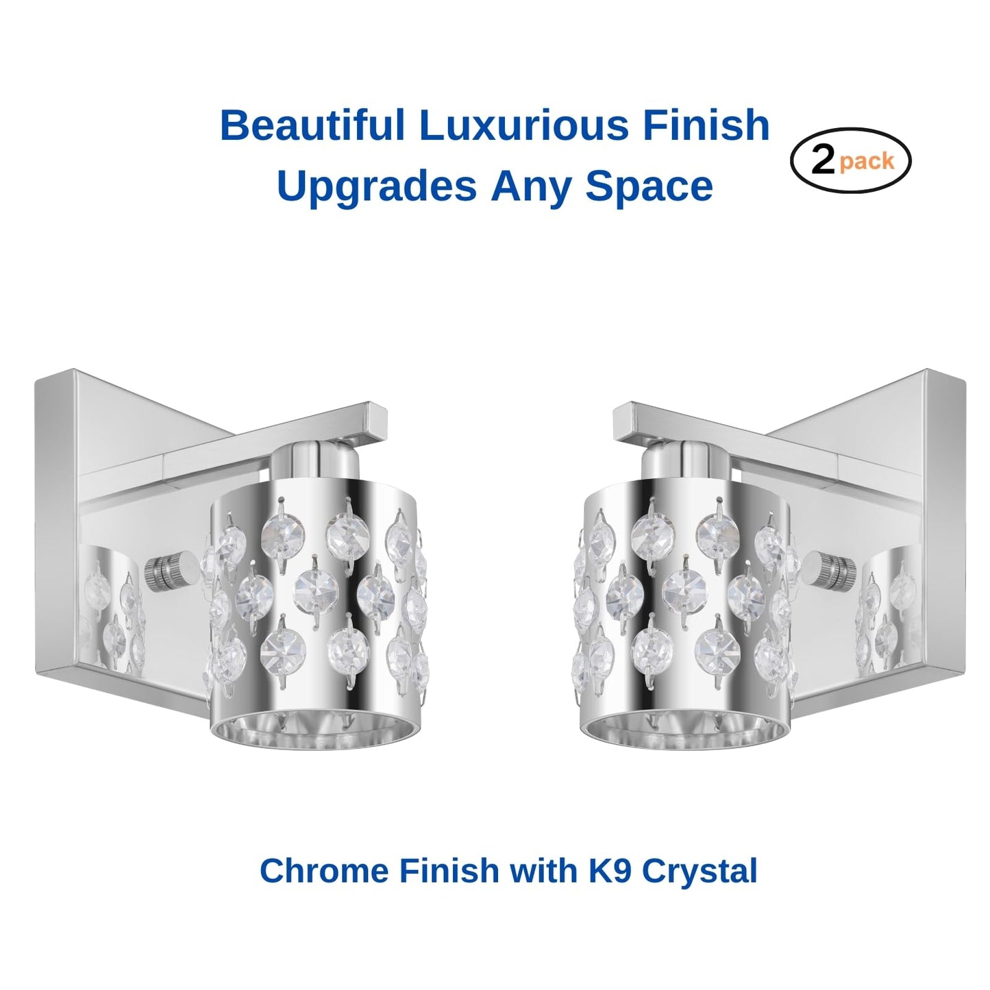 CRAFTRONOS 2-Pack Chrome Finish Wall Sconces, Hardware Decor Set of 2 Modern Vanity Lights, Metal Shade in K9 Crystal Clear Glass for Bathroom Mirror