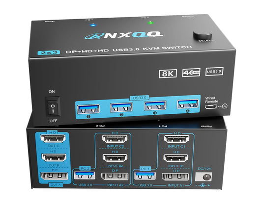 KVM Switch 3 Monitors 2 Computers, ANXQQ 8K@60Hz 4K@144Hz Monitor Switch for 2 Computers, KVM Switch Displayport HDMI with Power Adapter and Wired