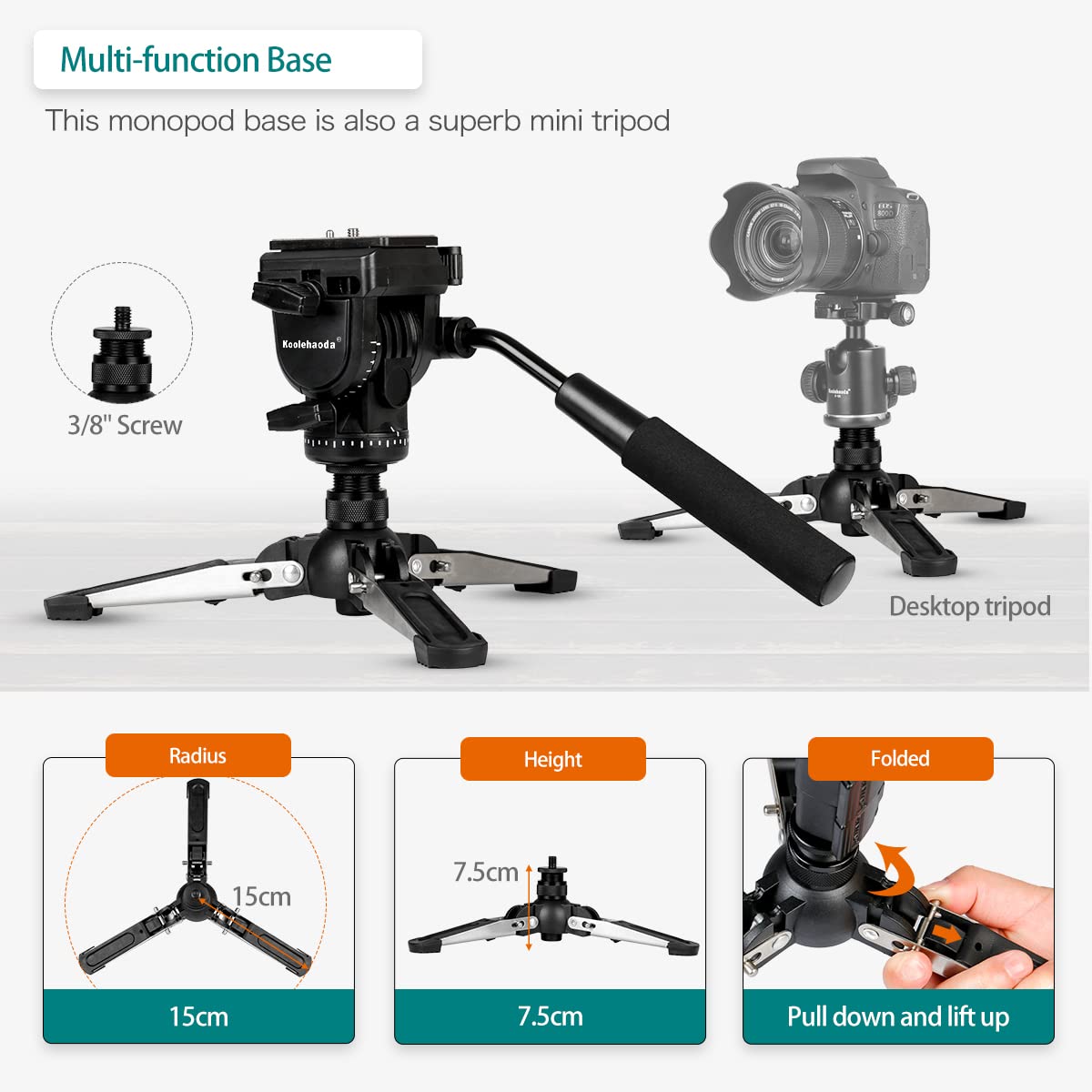 Extendable Camera Aluminum Monopod with Fluid Head and Foldable Tripod Base for DSLR Camera.Max Height 148cm / 58 inch. Payload up to 3kg/6.6lbs