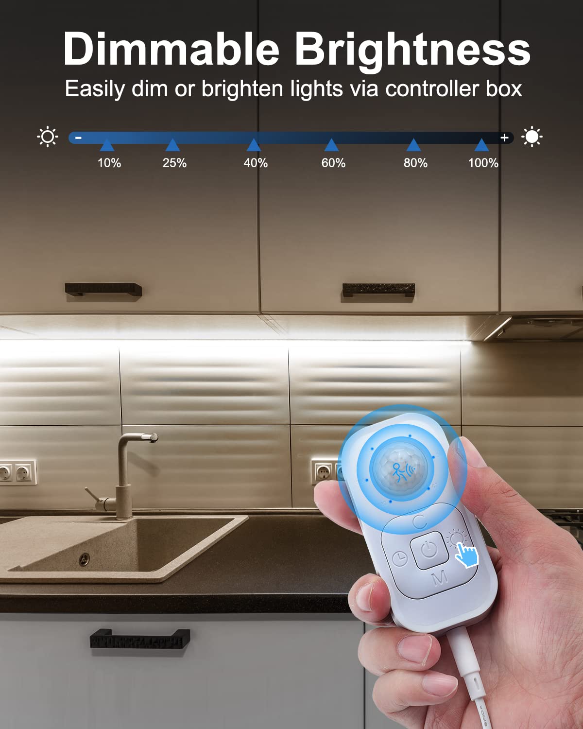 Motion Sensor Led Light Strip - Under Cabinet Lighting with Power Adapter, 6 Adjustable Brightness and Timing, Light Strips for Kitchen Cabinets