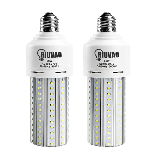 RIUVAO 2 Pack 60W LED Corn Light Bulb 500W Equivalent Bulb 7500 Lumen 5000K Cool Daylight White E26/E27 Medium Base for Outdoor Indoor Large Area