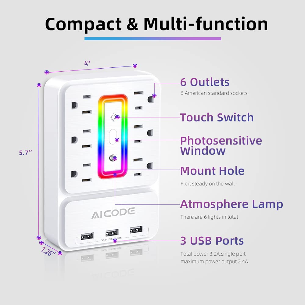 Multi Plug Outlet Extender,AICODE 6 Outlet Surge Outlet Protector with 3 USB Charger(3.2A Total),Wall Outlet Plug Electrical Outlet with 6 Ambient RGB