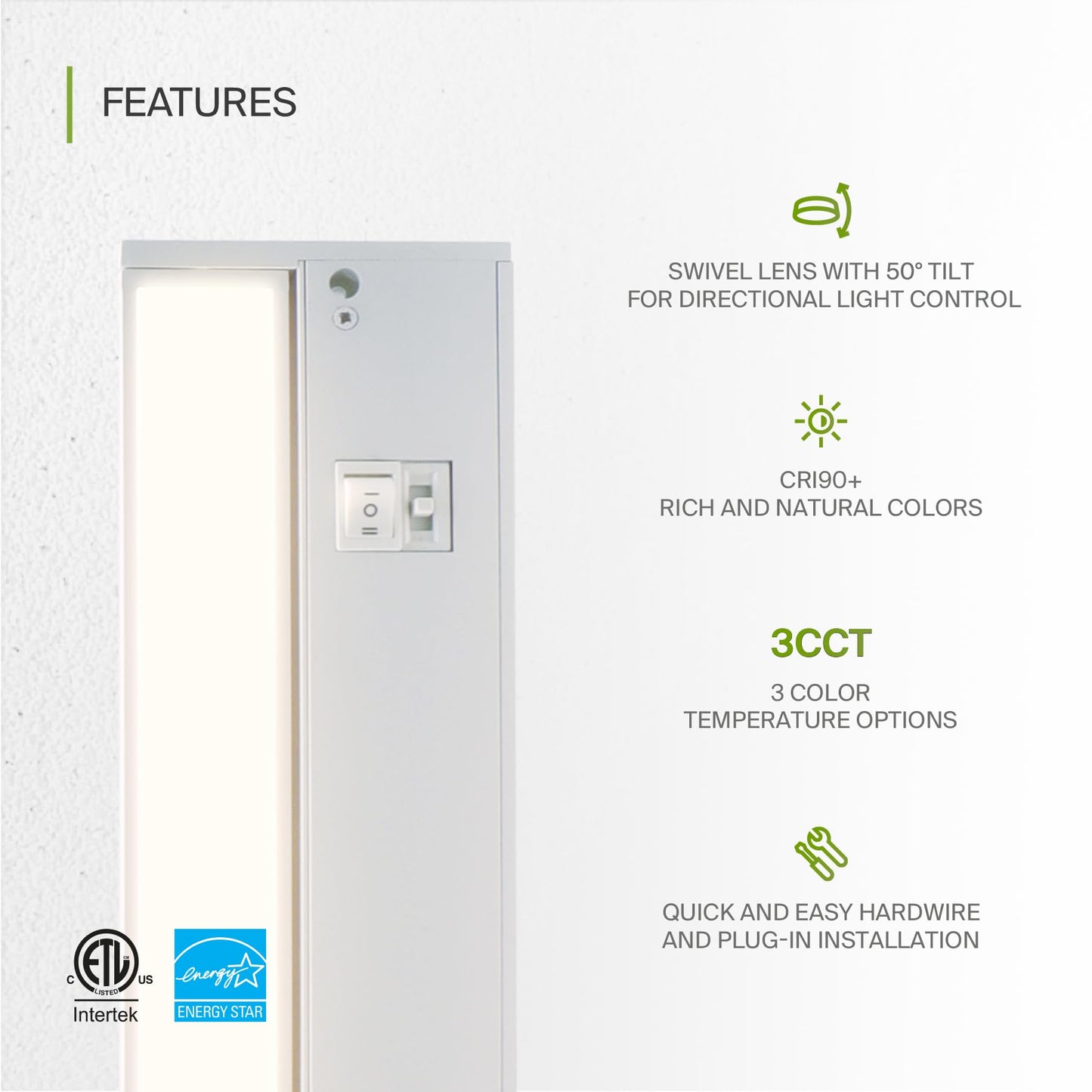 ASD Swivel LED Under Cabinet Lighting Plug in or Hardwired 24 Inch, Dimmable Under Cabinet Lights with High/Low/Off Switch, 3CCT 2700K-4000K, Linkable