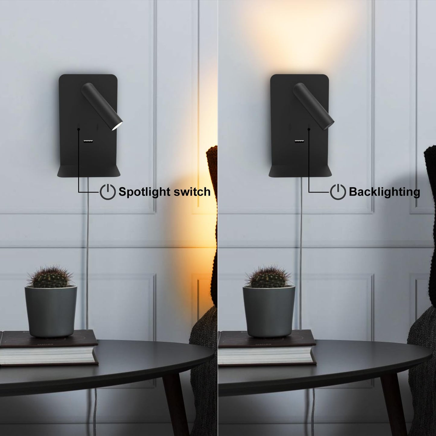 ZEROUNO Plug in Wall Sconce with Switch LED Bedside Lamp Bedroom Wall Mounted Reading Light with USB Port Wall Lighting 3000K?Black?