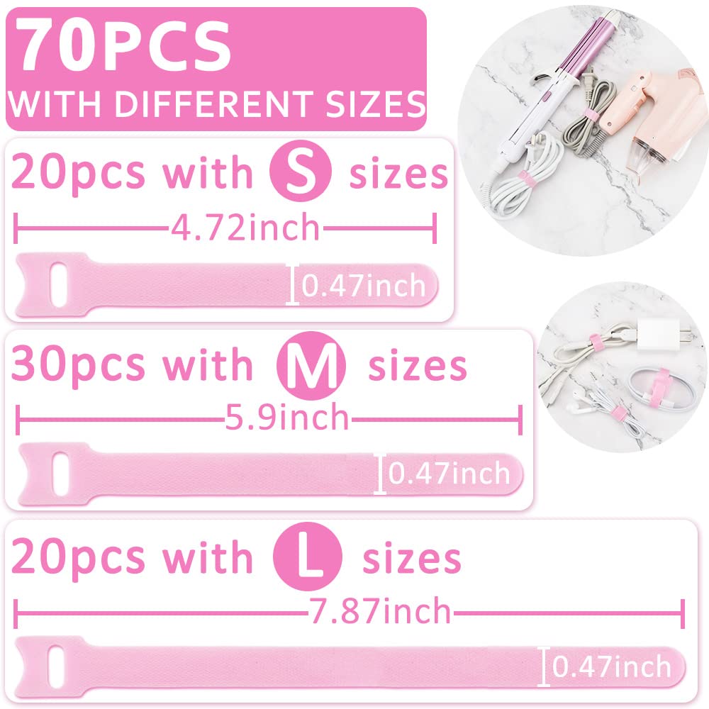 70pcs Cable Ties Reusable Pink Wire Ties Cable Management Cord Ties Reusable for Electronics Hook and Loop Cable Ties for Computer 4 6 8 Inch