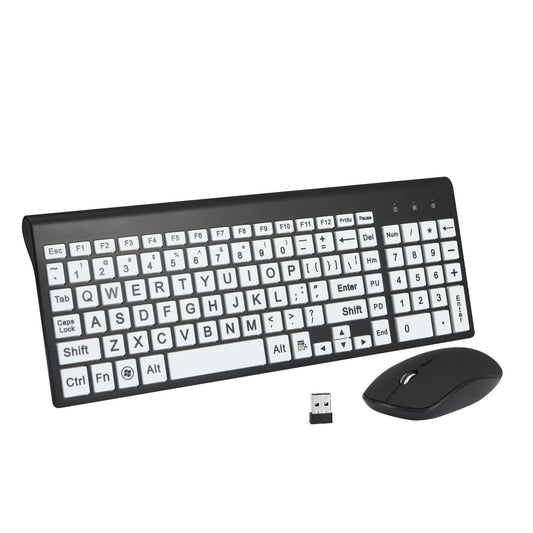 Full Size Large Print 2.4g Wireless Keyboard and Mouse with Oversized Print for Visually Impaired Low Vision Individuals (Black)