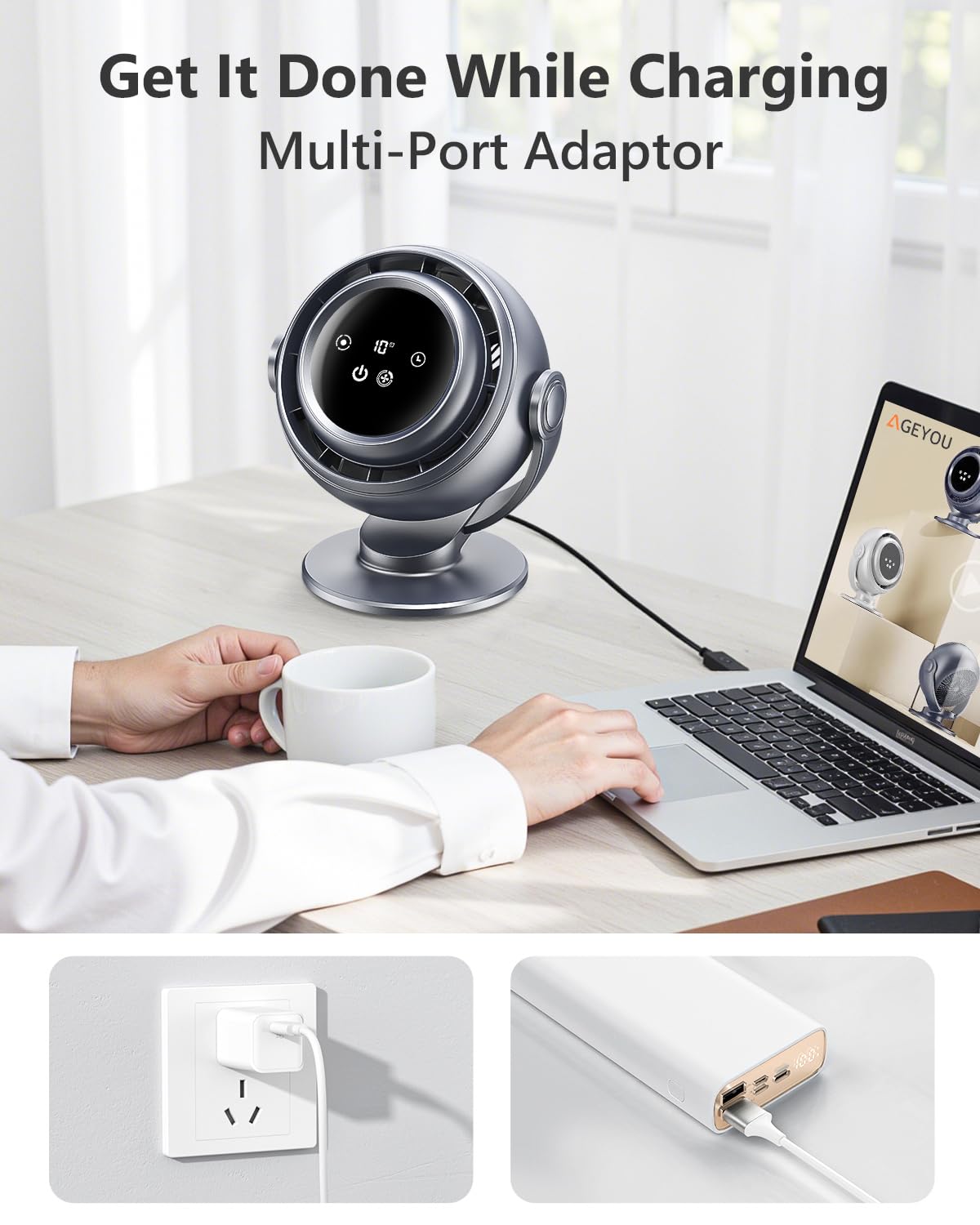 AGEYOU Desk Fan for Office, 90°Oscillating Fan with 6000mAh Rechargeable, 10 Speeds 4H Timer 270°Tilt Adjustment, 29dB Ultra-Quiet Portable Personal