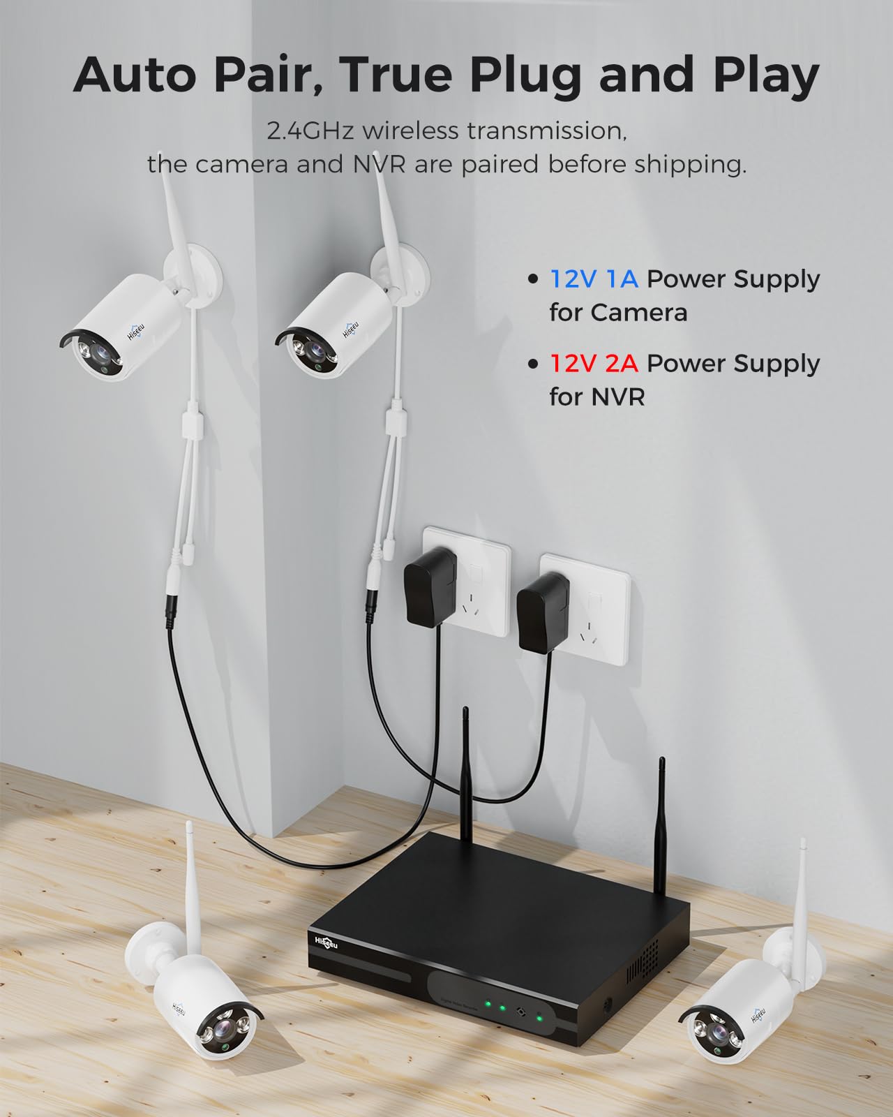 [100ft] Hiseeu Wireless WiFi Security Camera System, Wired Plug-in Powered, Expandable 16CH 4K NVR, 4Pcs 3MP Night Vision Cameras Home Surveillance