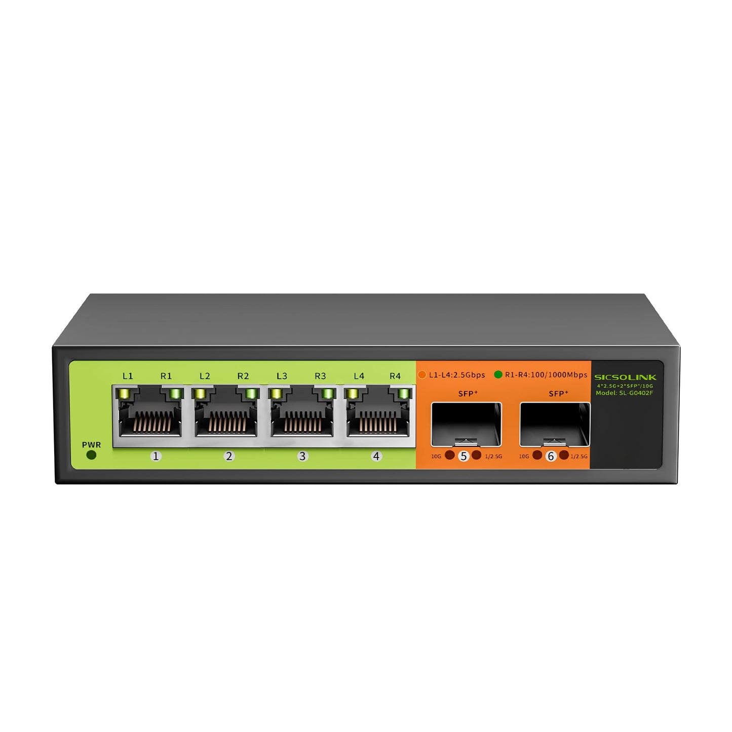 SICSOLINK 6 port 2.5G Network Switch,4x2.5 Gigabit,2x10gb SFP+,Unmanaged,Plug & Play,Wall-Mount,60G Bandwidth,Fanless Metal Ethernet Switch,Compatible