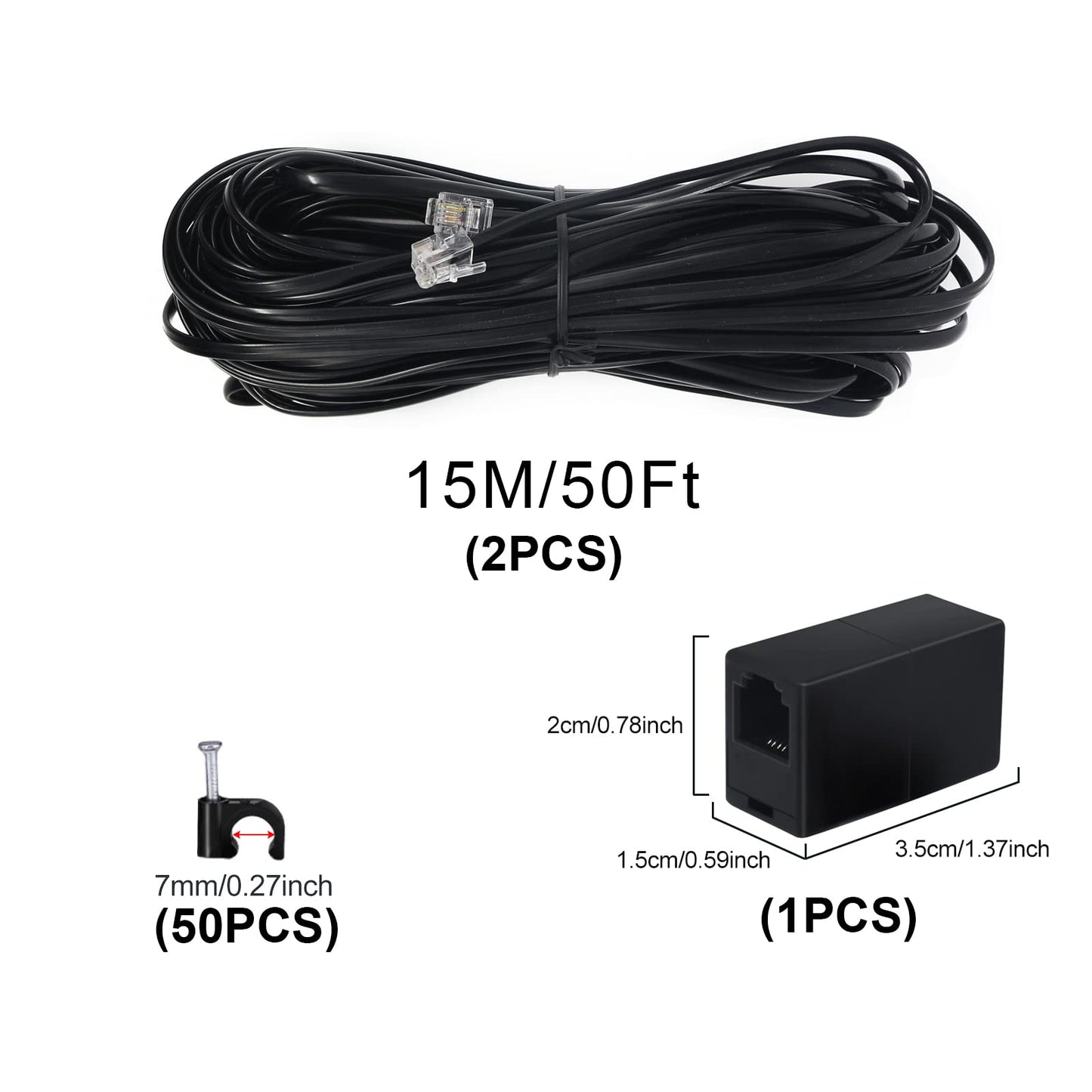 (2+1+50 Pack) 2PCS 50ft RJ11 Landline Phone Extension Cords and 1 in-line RJ11 Female to Female Coupler and 50 PCS Wire Cord Tie Holders