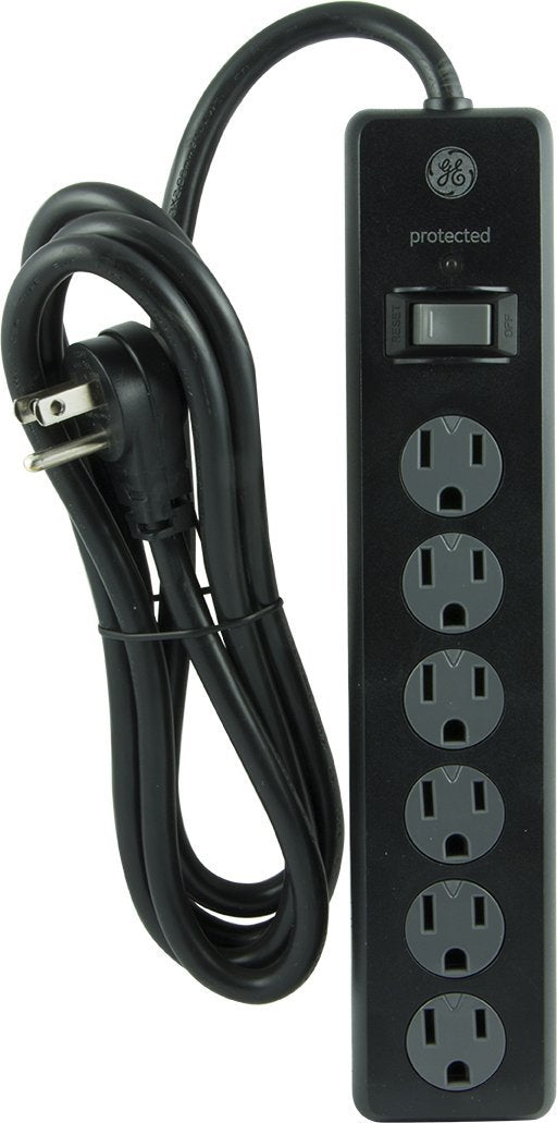 GE General Purpose 6-Outlet Surge Protector, 6 ft Extension Cord, 800 Joules, Twist-to-Close Safety Outlet Covers, Flat Plug, Protected Indicator