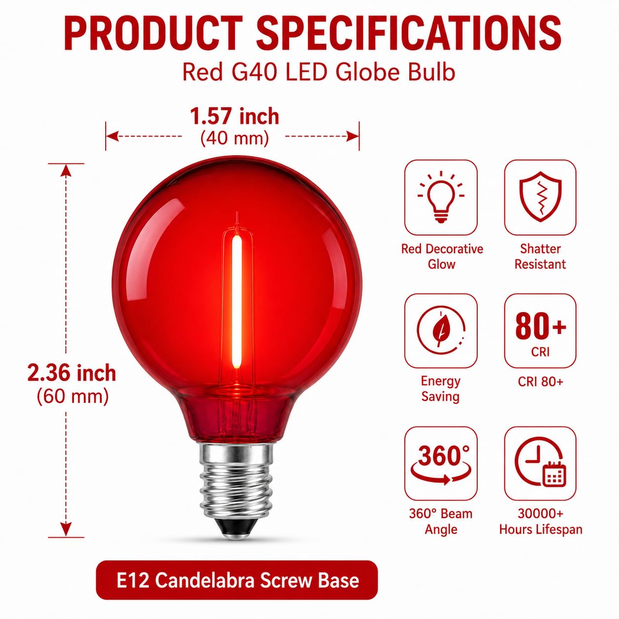 NICONIK G40 Red LED Replacement Bulbs, E12 Candelabra Base, 5 Pack