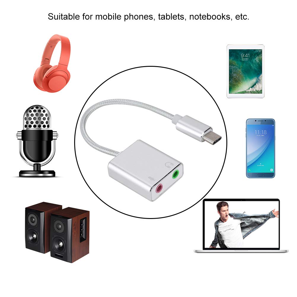 External Sound Card, Aluminum Alloy Type C Stereo Audio Adapter, 3.5mm for Mobile Phone Computer Live Broadcast