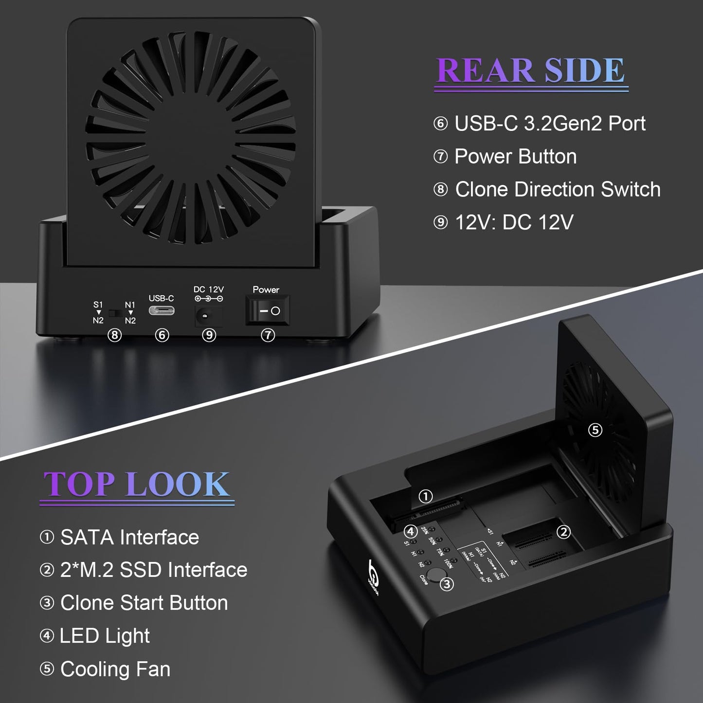 M.2 NVMe & SATA Hard Drive Docking Station, USB C 10Gbps Hard Drive cloner for M.2 PCIe NVMe + SATA 2.5”/3.5” HDD Converter, Offline Cloning