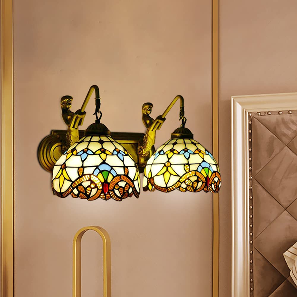 YIYIBYUS Tiffany Style Wall Sconce Stained Glass Shade Wall Lamp Indoor Lighting Fixture,Stained Glass Vintage Antique Light for Bedroom Living Room