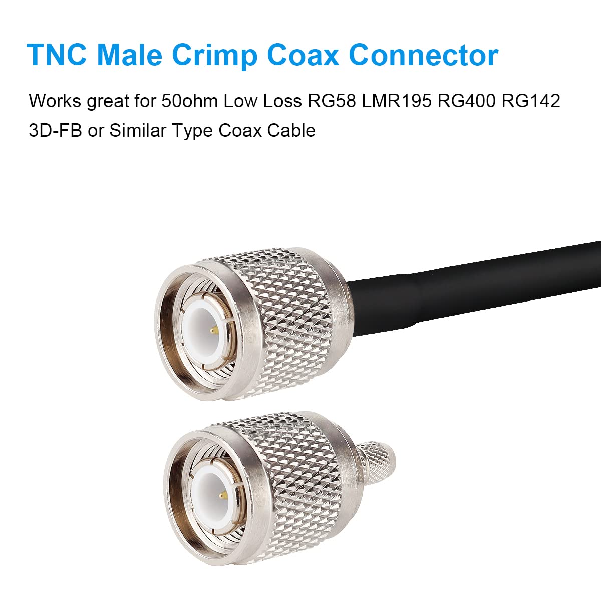 MOOKEERF 10 Pack TNC Male Connector 50 Ohm TNC Male Plug Crimp Connectors for RG58 RG142 RG400 LMR195 KSR195 3D-FB Coax Cable