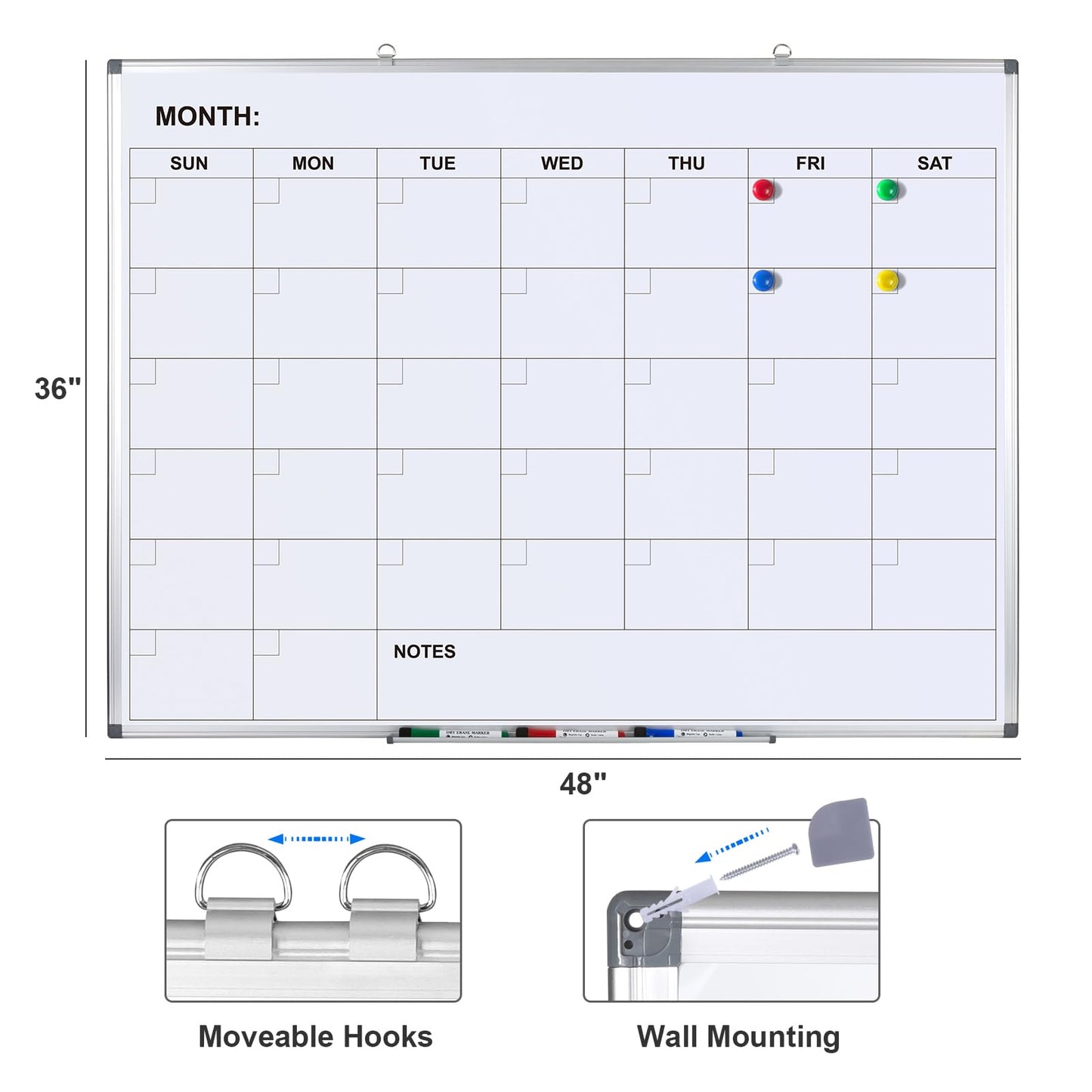 Comix Magnetic Monthly Calendar Whiteboard, 48 x 36 Inches Wall Planner