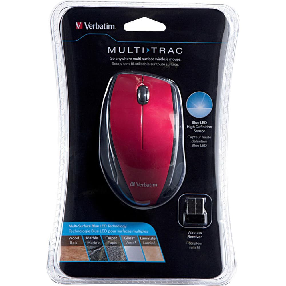 Verbatim Multi-Trac Wireless Notebook Blue LED Mouse, Nano Receiver, Red
