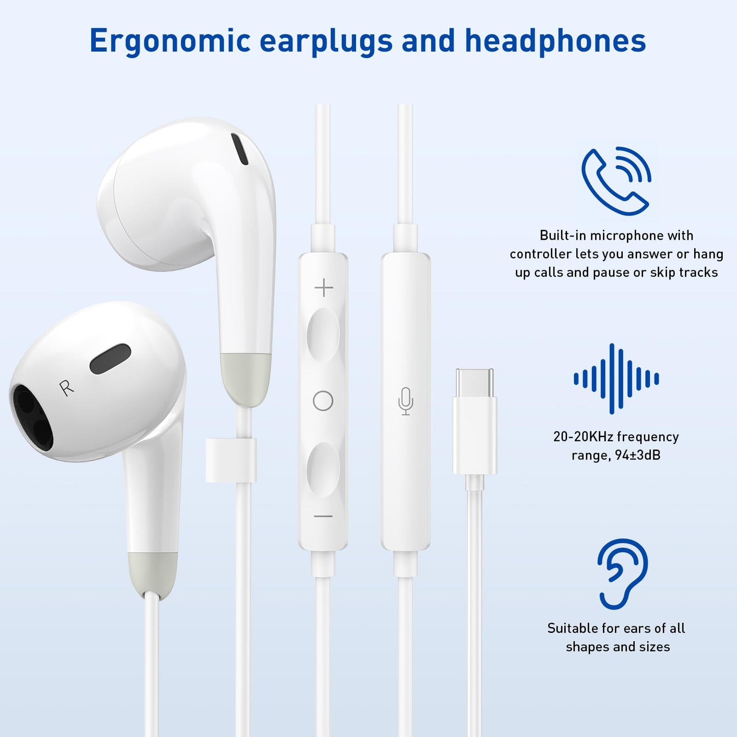 USB C Headphones for iPhone 17 16 15 Pro Max, 2 Pack Wired Earbuds USB C Wired Headphones with Microphone & Remote, Noise Isolating Earphones for iPad