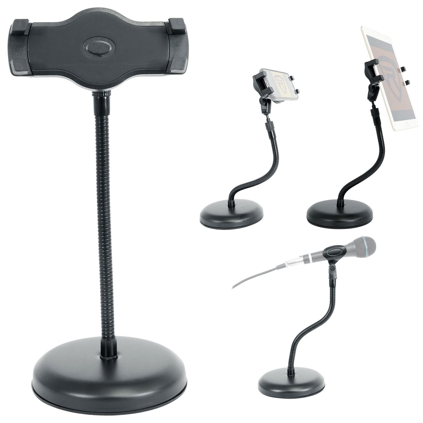 Rockville iSTAND 9 Desktop Gooseneck Stand, Weighted Base, Adjustable Mic Clip, Phone/Tablet Holder, Webcam Adapter, Perfect for Podcasting, Streaming