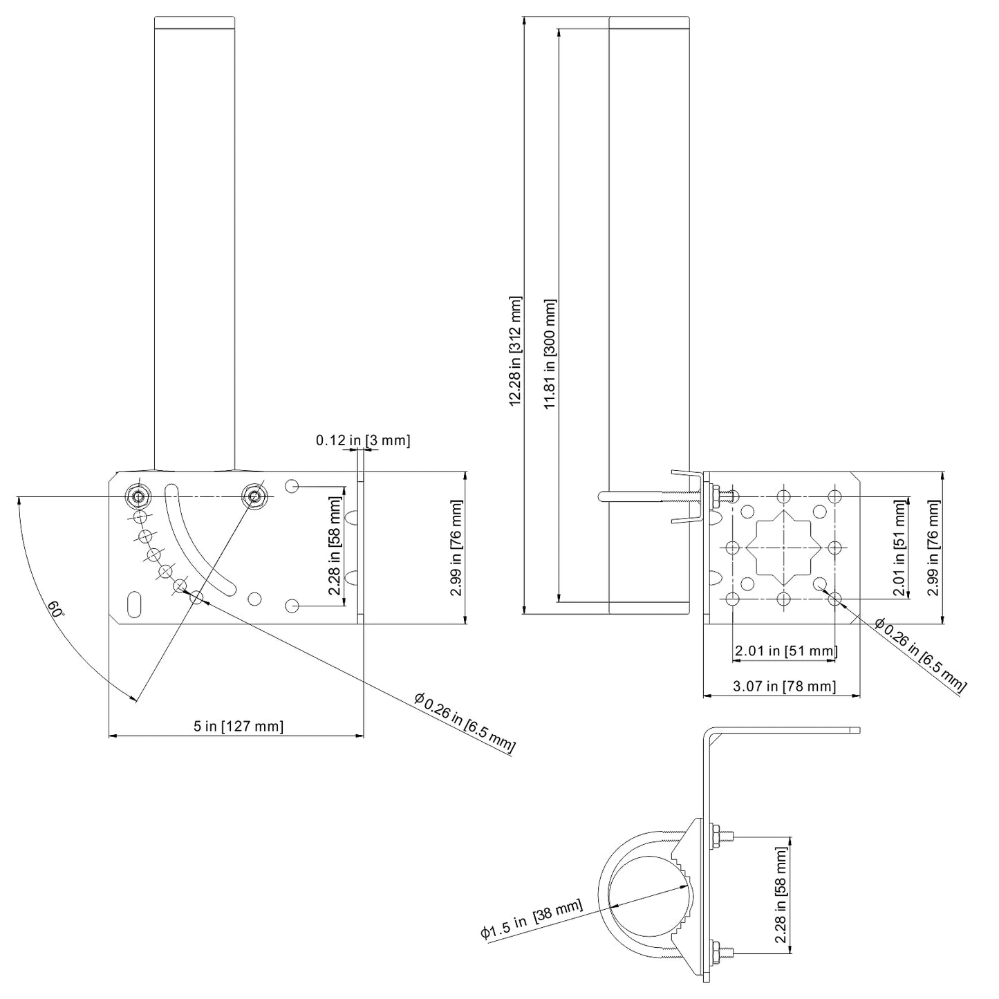 Aimeboost 1.5" Diameter and 12" Length Pole Mount Bracket to Wall Mount Pole Weather Station for Outside Home Antenna TV Antenna Mast Adjustable Angle
