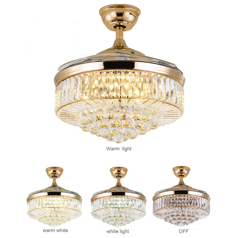 36/42inch Modern Luxury K9 Crystal Ceiling Fan with 4 Retractable Blades 3 Speeds Silent Ceiling Fans Lighting Fixture LED Light for Home Restaurant