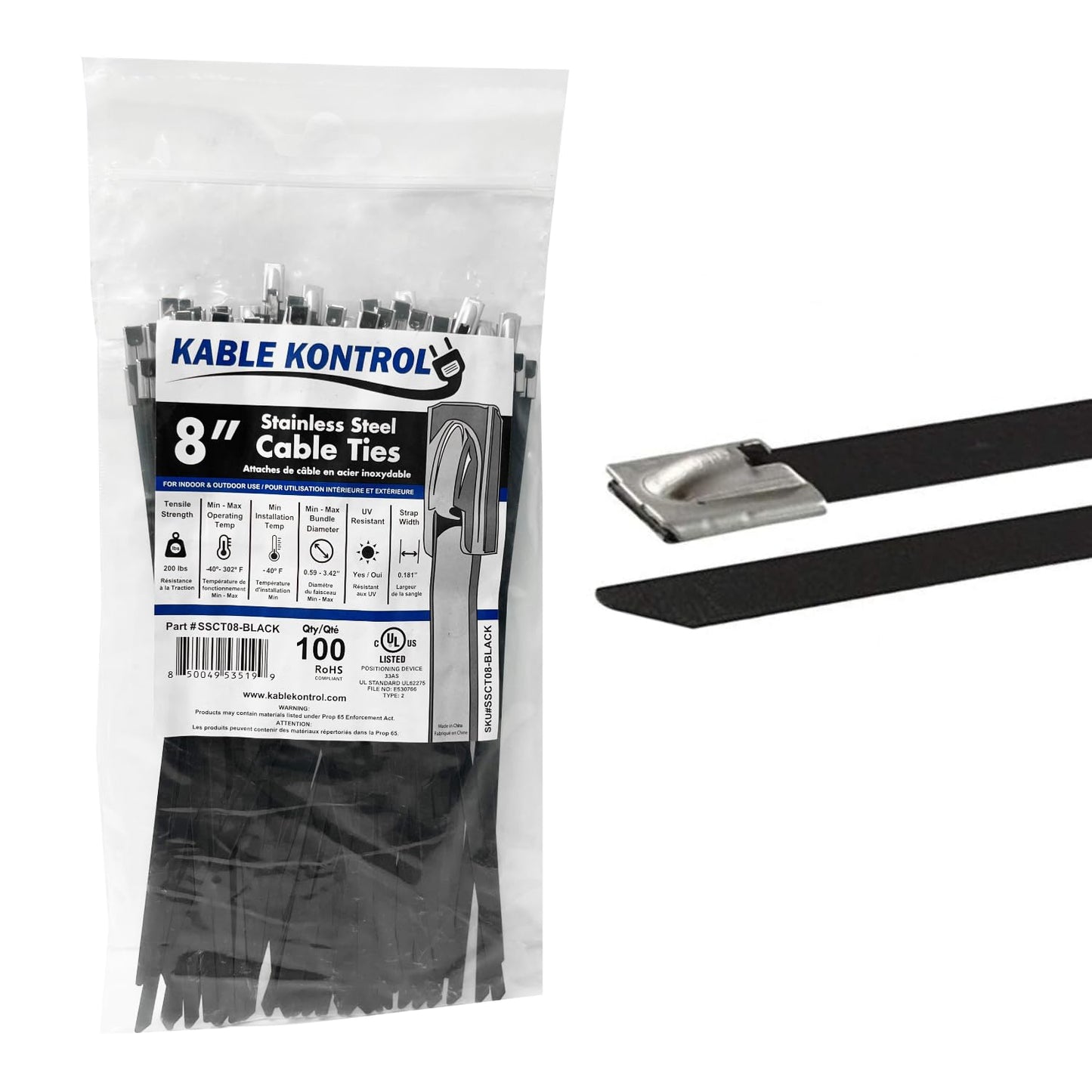Kable Kontrol Black Metal Zip Ties - 8" Inch Long 100 Pcs, 200 Lbs Tensile Strength, Polyester Coated 304 Stainless Steel Cable Ties UV & Chemical