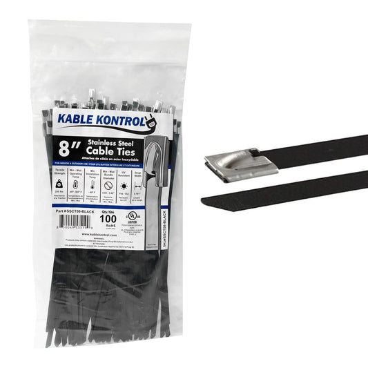 Kable Kontrol Black Metal Zip Ties - 8" Inch Long 100 Pcs, 200 Lbs Tensile Strength, Polyester Coated 304 Stainless Steel Cable Ties UV & Chemical