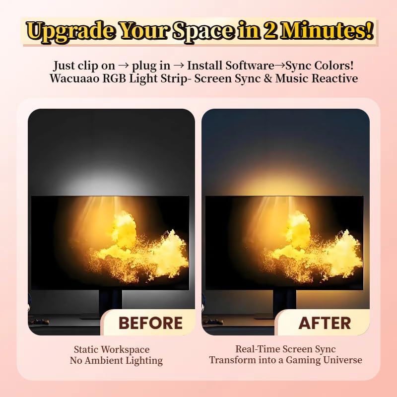 wacuaao 27 Inch Monitor Backlight - Immersive LED Strip with Screen Mirror Sync - PC and Mac Software Control - Gaming Setup Desktop Lights - 16M