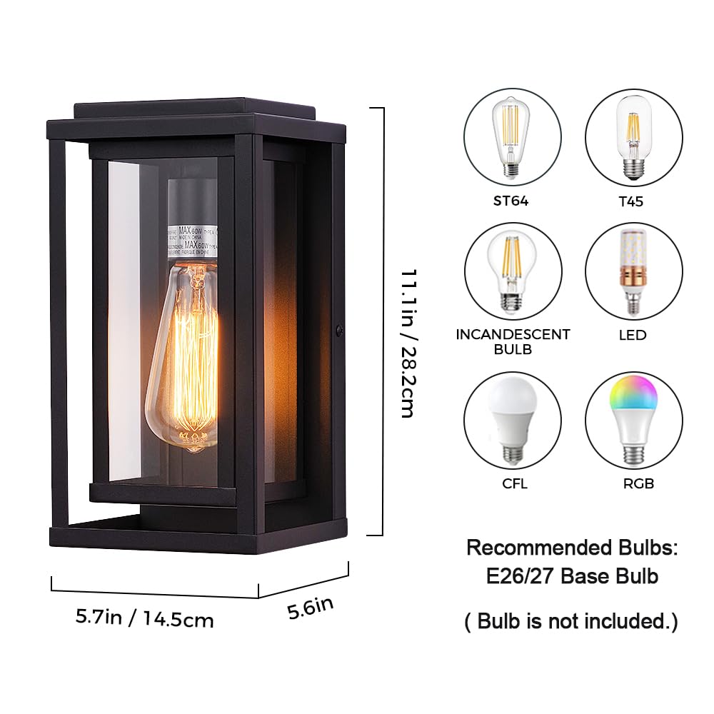 Cerdeco 12” Modern Outdoor Wall Sconce with Rectangular Metal Frame and Transparent Glass Shade,Black Outdoor Lighting for Garage Porch Patio Pack