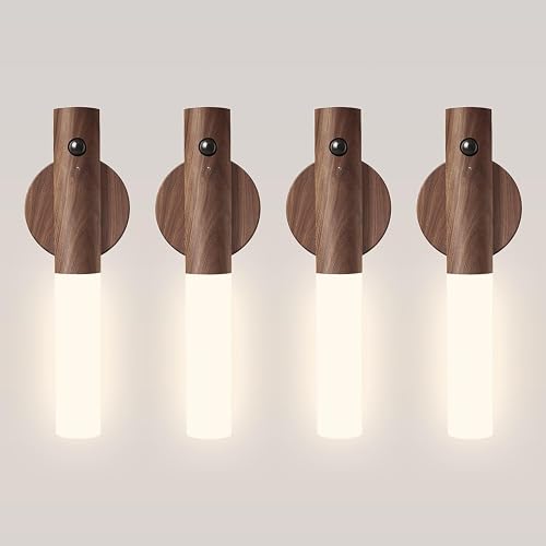 WhilsTec Motion Sensor Night Lights - 4 Pack Rechargeable Magnetic LED Sconces for Bedroom, Hallway & Picture Lighting + 4-in-1 Charging Cable (Walnut