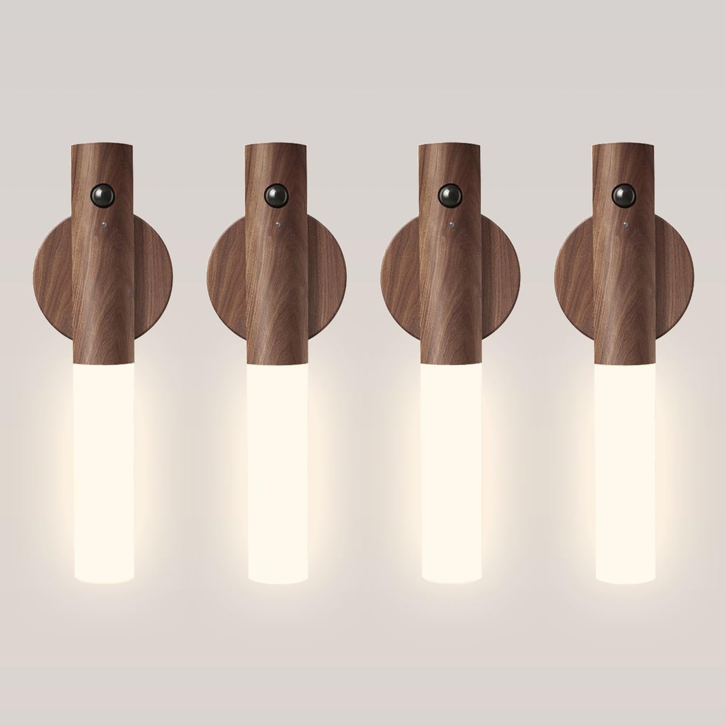 WhilsTec Motion Sensor Night Lights - 4 Pack Rechargeable Magnetic LED Sconces for Bedroom, Hallway & Picture Lighting + 4-in-1 Charging Cable (Walnut