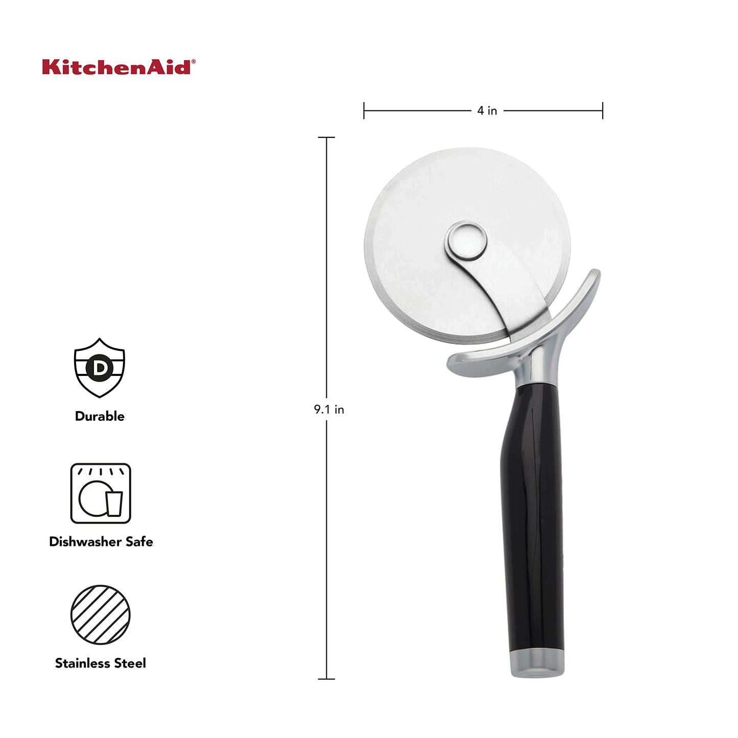 KitchenAid Classic Pizza Wheel, 9-Inch Sharp Blade for Cutting Pizza, Pies & More, Comfort Grip with Finger Guard, Dishwasher Safe, Black