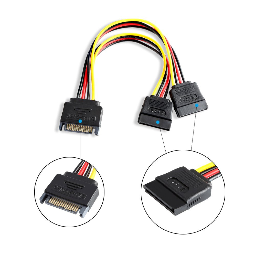 ELECTOP 6 Inch SATA Power Splitter Cable, 15 Pin SATA Male to Dual Female Power Cable