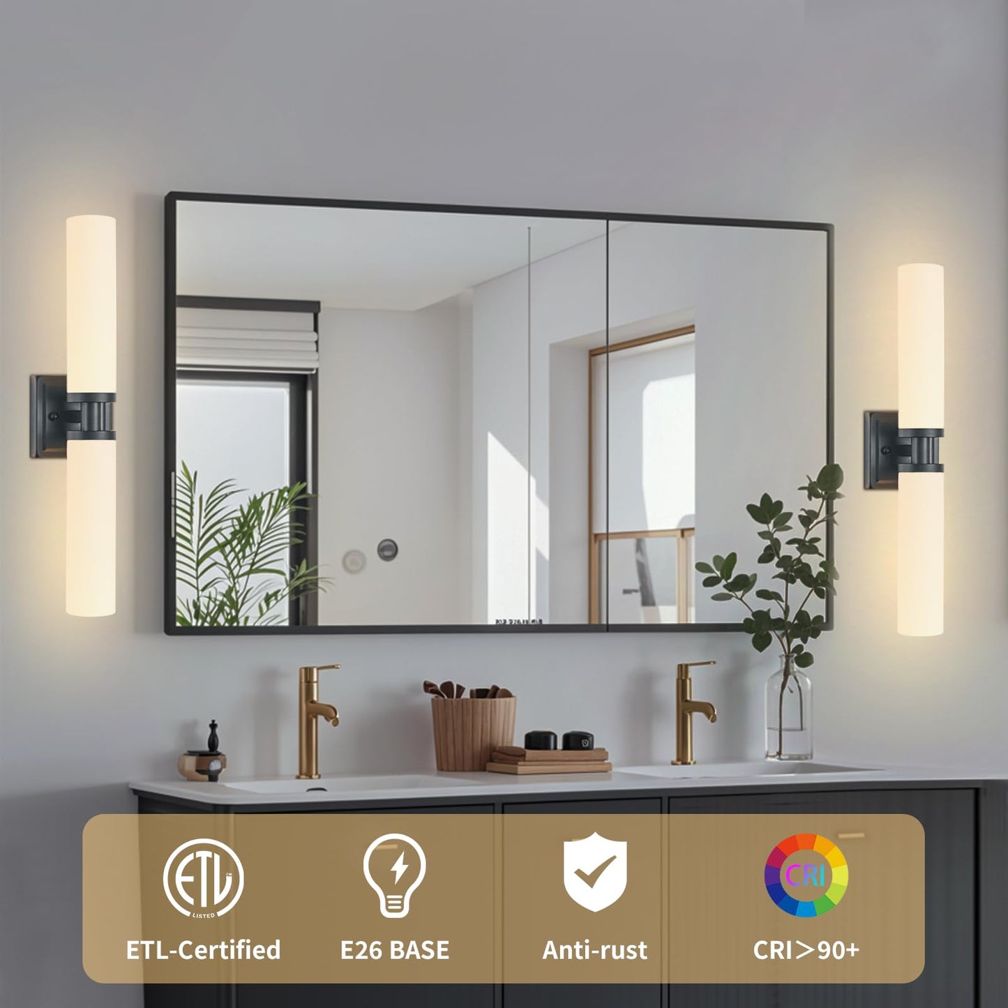 Keep Shinning Black Wall Sconces Set of Two, Modern Bathroom Sconce with Frosted Glass, Hardwired Wall Light Fixtures for Bathroom Living Room Bedroom