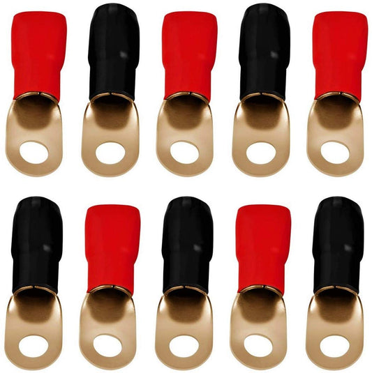 Absolute USA GRT00-10 1/0 Gauge AWG Crimp Ring Terminals Connectors 10 Pack, 5 Positive Red & 5 Negative Black