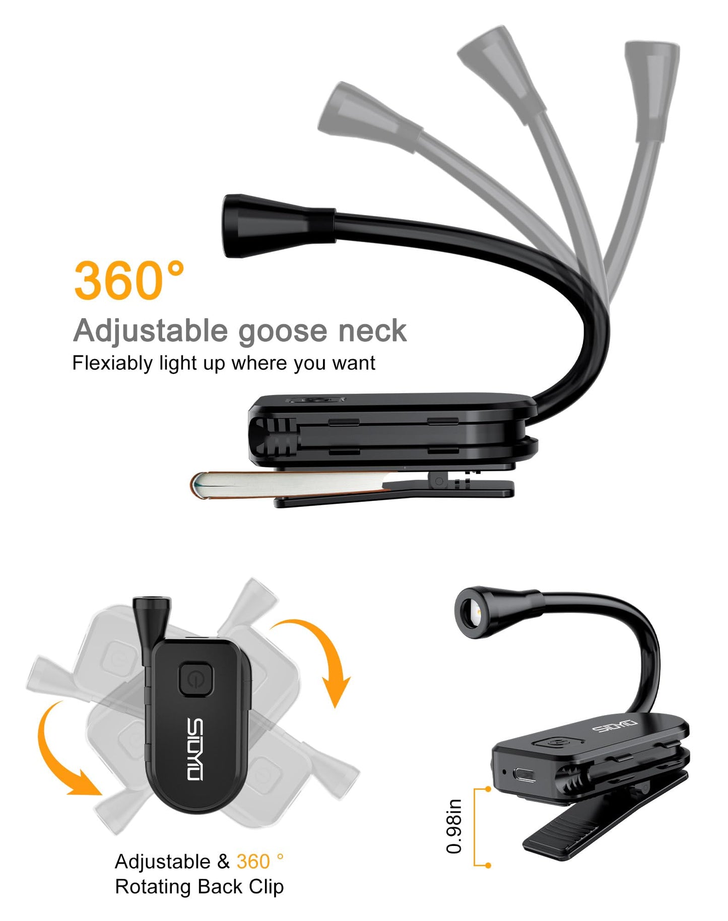 Siuyiu Book Lights for Reading at Night, Rechargeable Clip-On LED Reading Light with 3 Color Temperatures & Stepless Dimming, 80 Hrs Runtime Flexible
