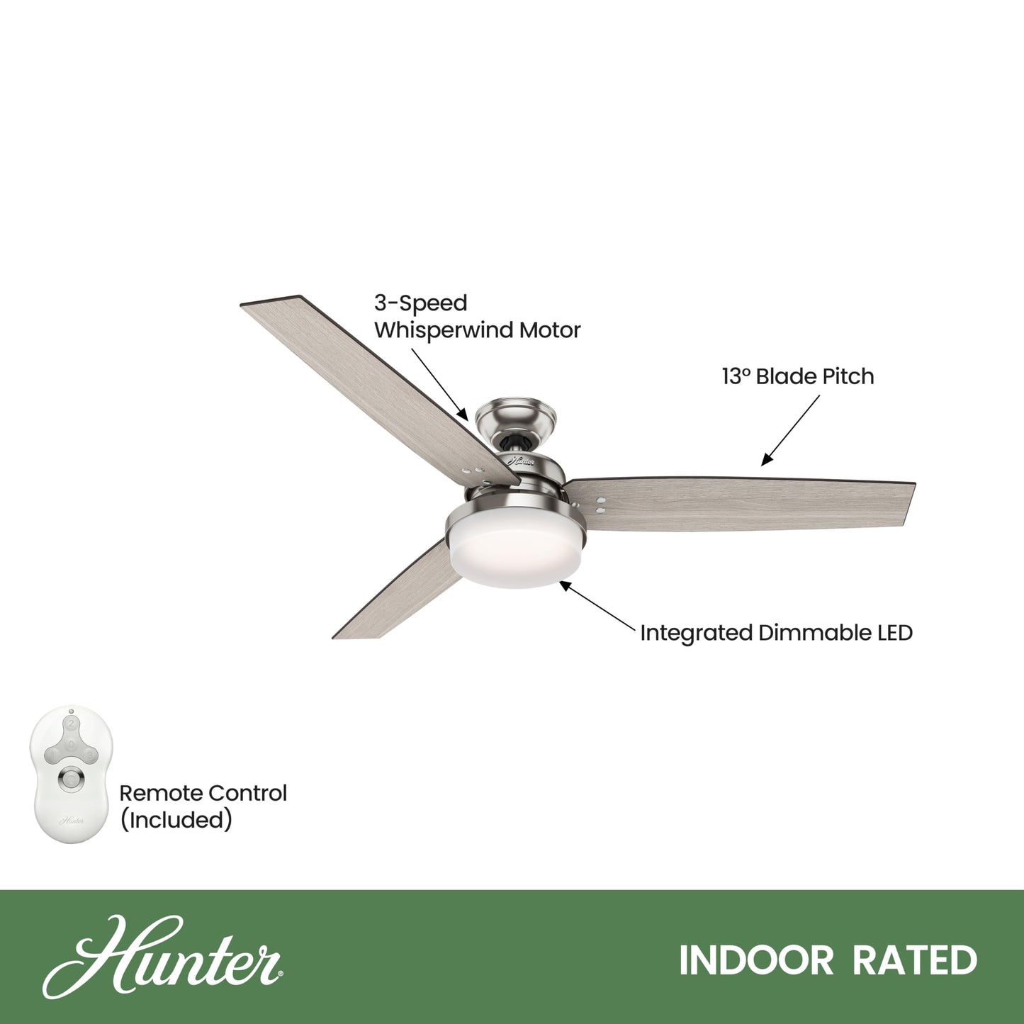 Hunter Fan 60 inch Casual Brushed Nickel Indoor Ceiling Fan with LED Light Kit and Remote Control (Renewed)
