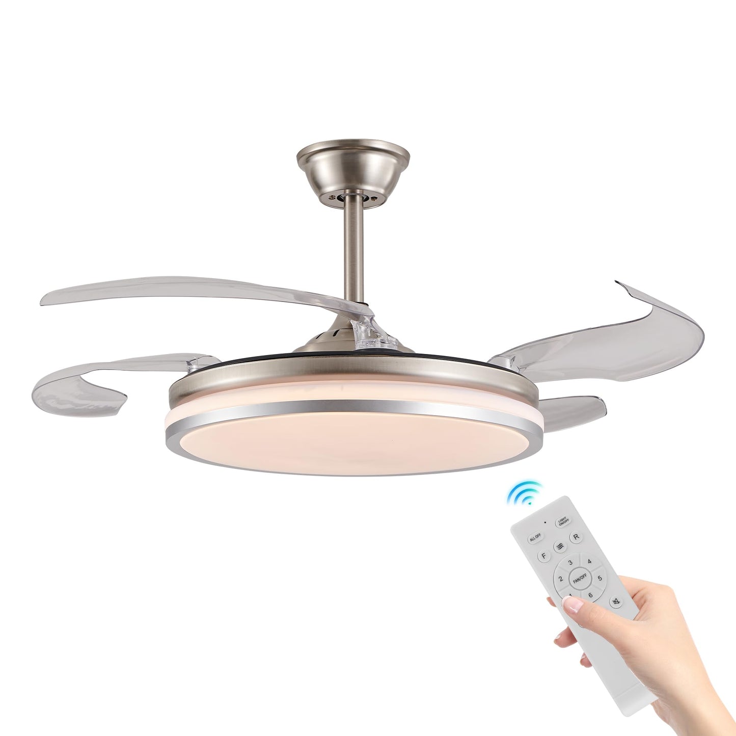 Ouimico 42 Inch Retractable Ceiling Fan with Light and Remote, Modern Invisible Ceiling Fan, 6-Speed Reversible DC Motor, Dimmable 3 Color LED, Quiet
