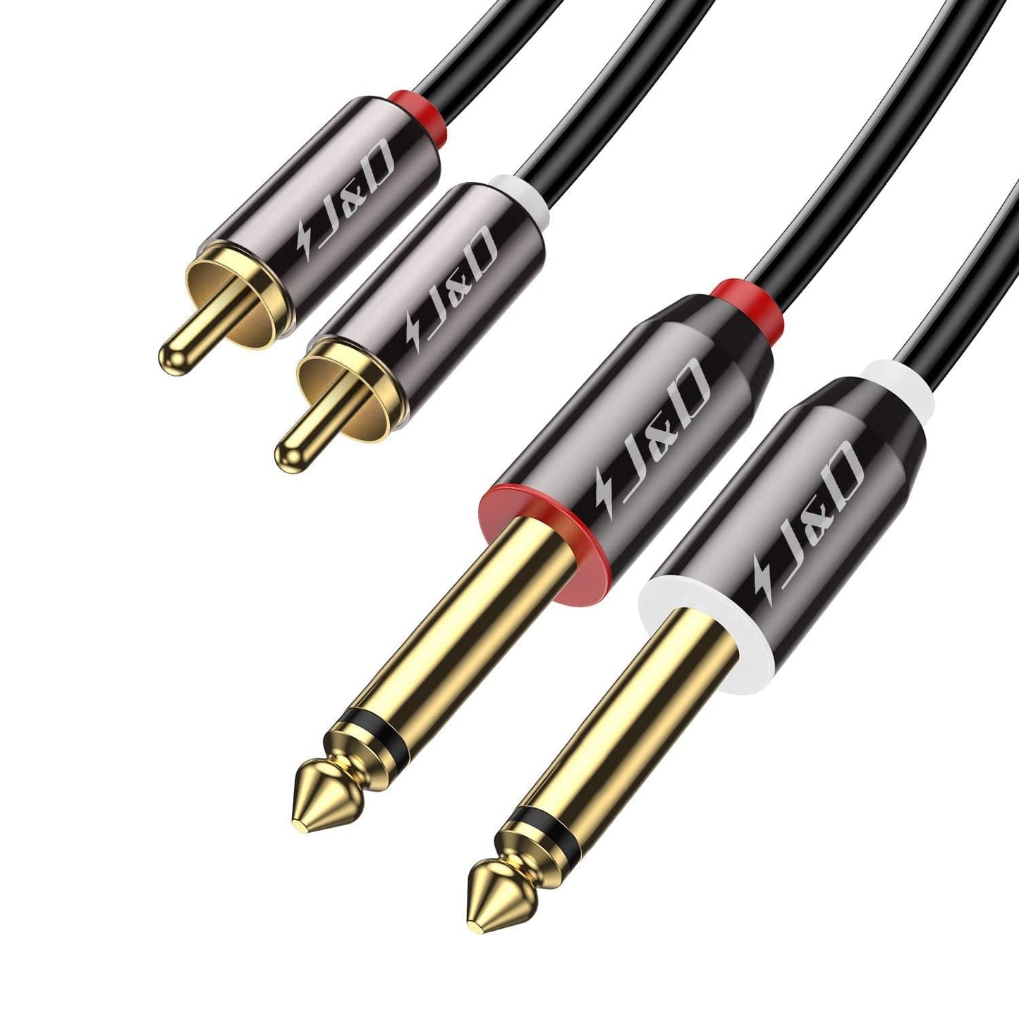 J&D 1/4 to RCA Cable, Gold Plated Copper Shell Heavy Duty 2X6.35mm TS to Dual RCA Stereo Audio Interconnect Cord for AV Receivers, Speakers, Home
