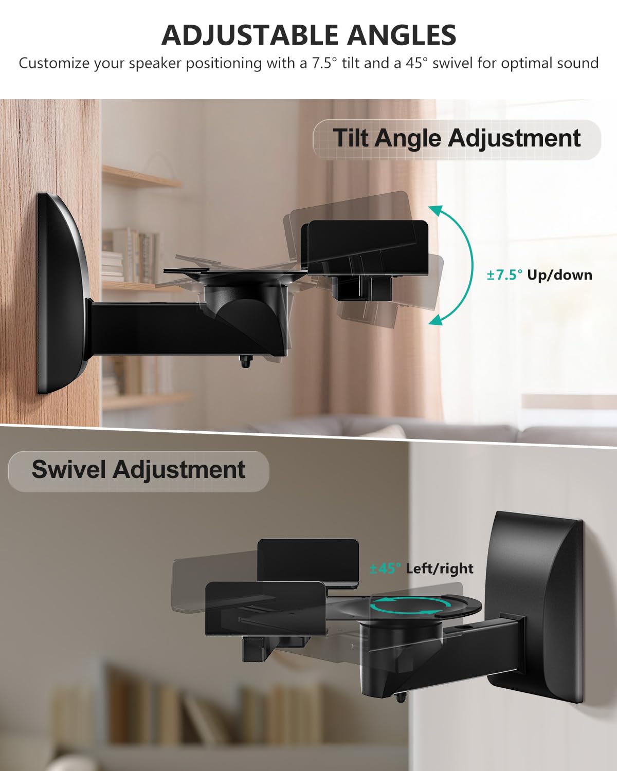 WALI Speaker Wall Mount, Surround Sound Speaker Stand with Adjustable Swivel Tilt Angle, Standard Bookshelf Speaker Mount for Living Room, Home