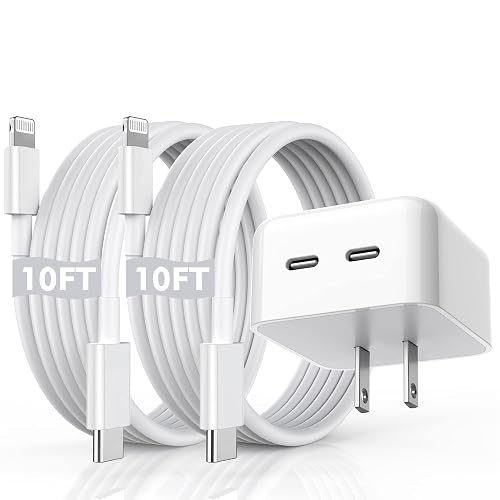 iPhone Fast Charger, 40W Dual USB-C Quick Wall Charger 10FT Charging 2pack 10FT Extra Long Lightning Cable+Double Port Foldable USBC iPhone Charger