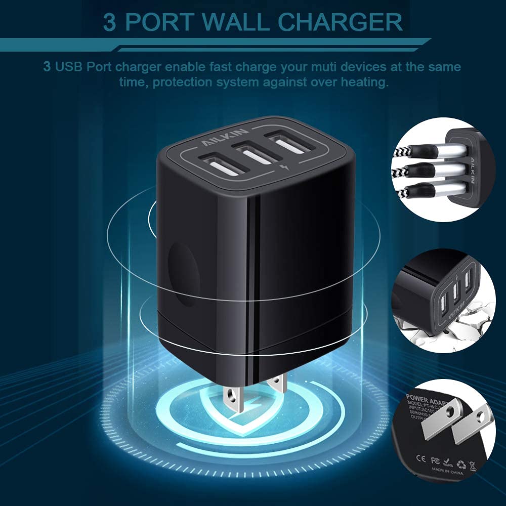 Wall Charger Plug, USB Charger Cube, AILKIN 3.1A 3-Muti Port USB Adapter