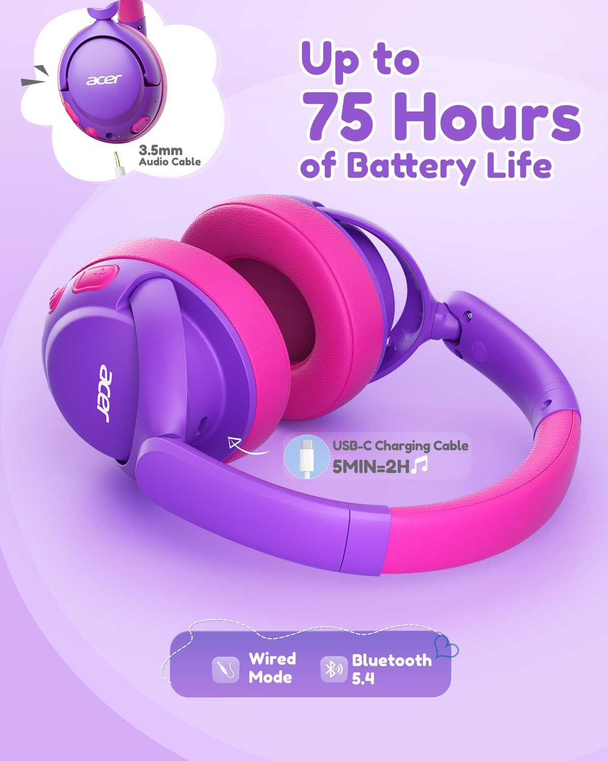 Acer Kids Bluetooth Headphones, 85dB Limiter, 75H, w/Mic OHR725