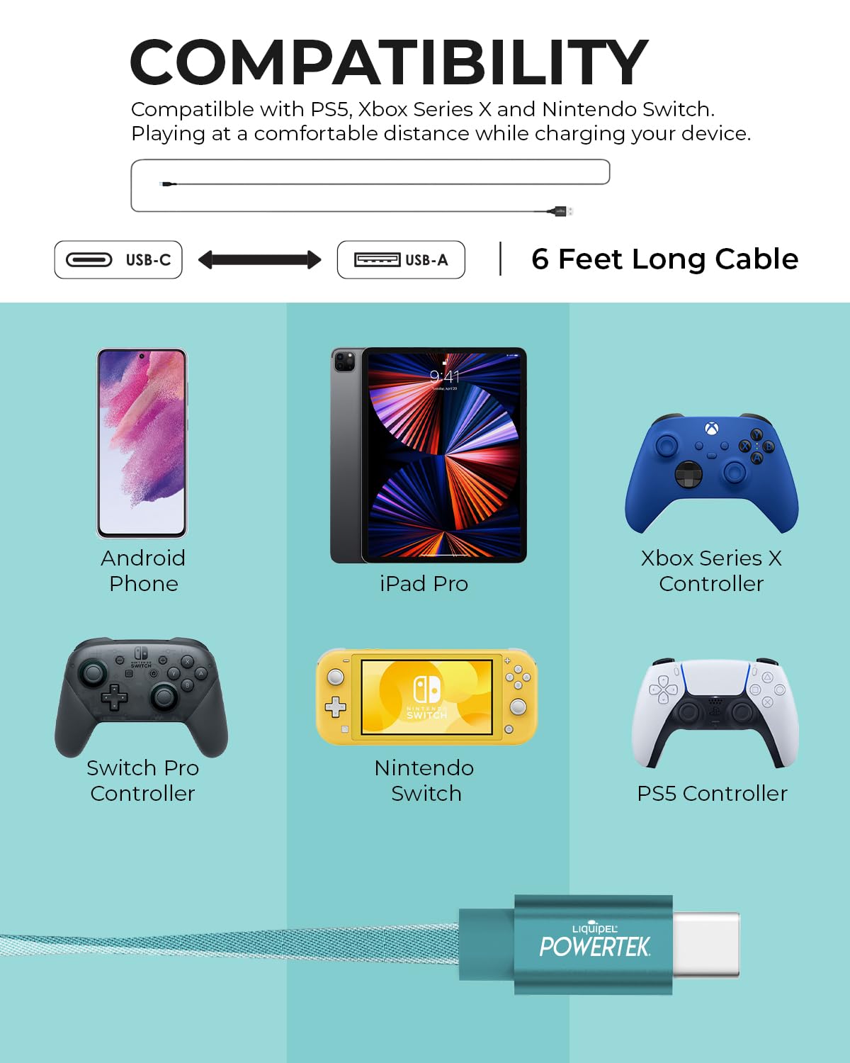 LIQUIPEL Powertek 6ft USB Type C Fast Charging Cable - Two Tone Charger for Galaxy, Android, iPhone, MacBook, Nintendo, PlayStation, Pixel, and More